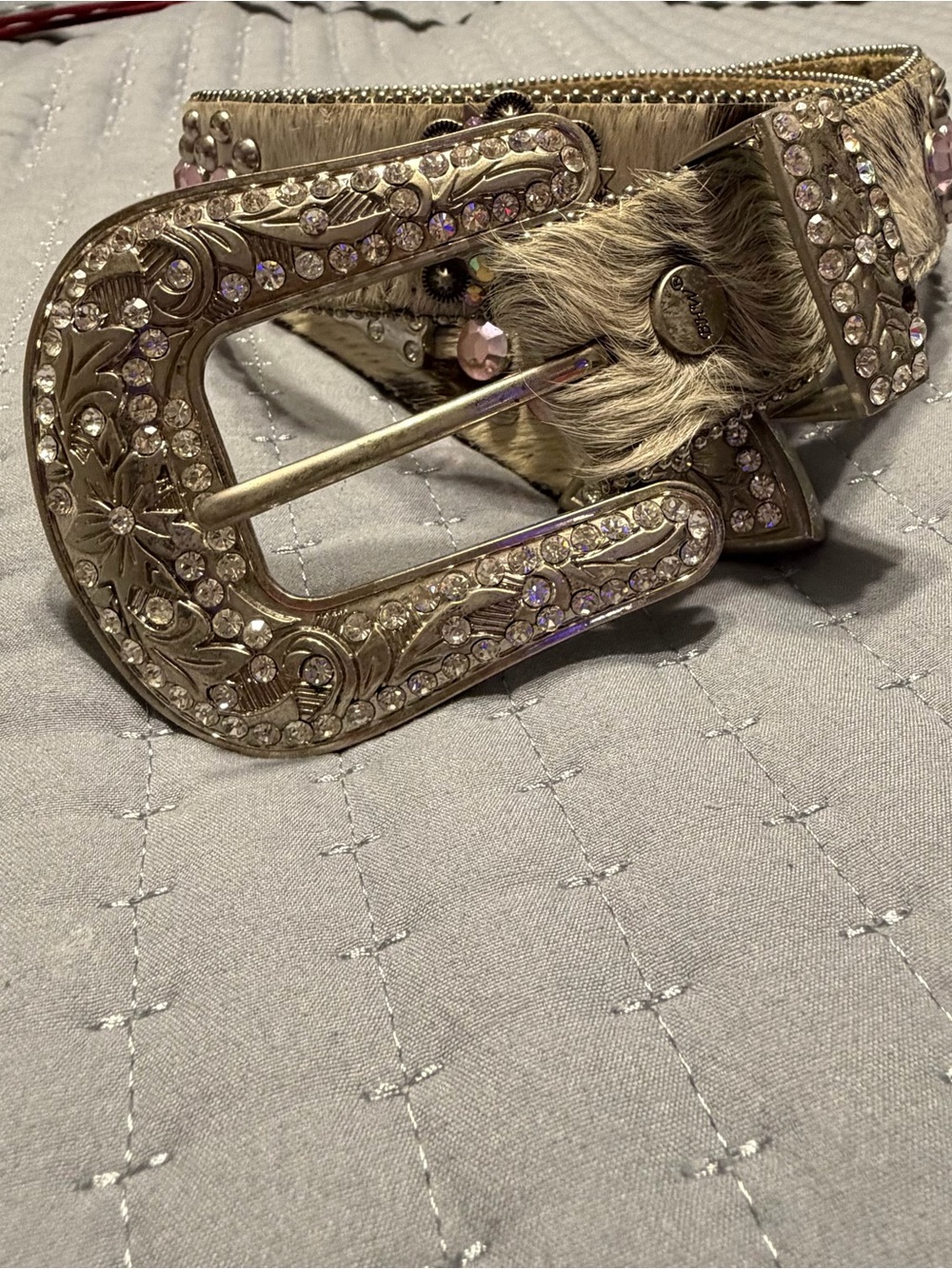 Western-Style Women’s Belt with rhinestones Pink Cowhide genuine leather - Picture 2 of 12